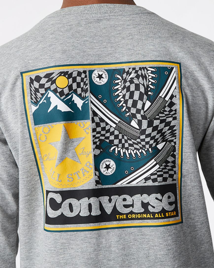 T-Shirts Baieti Converse Long Sleeve Sneaker Collage Gri Inchis | RO TVUJQ593